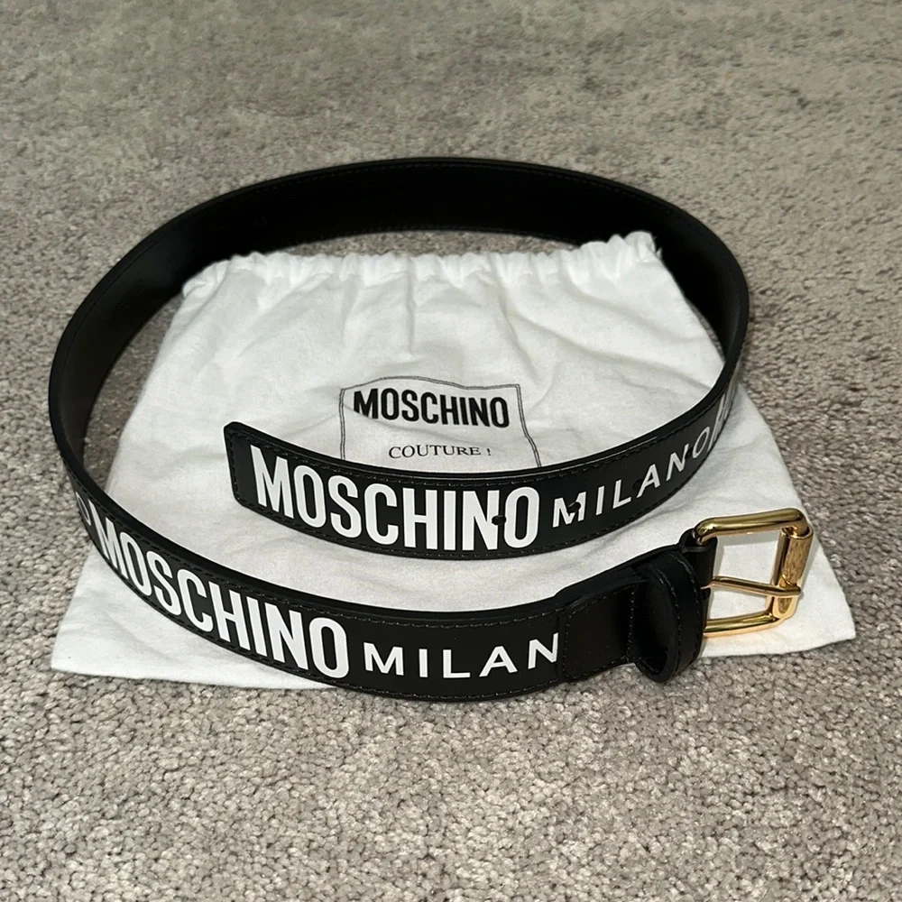 Moschino Black Belt with White Logo and Gold Buckle